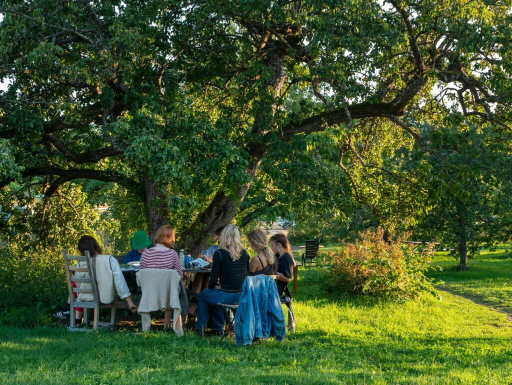 Grupo compartiendo bajo un árbol en el jardín